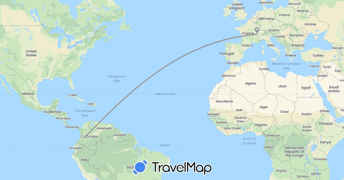 TravelMap itinerary: driving, plane in Switzerland, Colombia (Europe, South America)